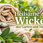 Gerollte Wolltücher, Heilpflanzen und Kräuter auf einem Holztisch im Garten; darüber der Schriftzug „Heilsame Wickel – aus Garten und Natur“