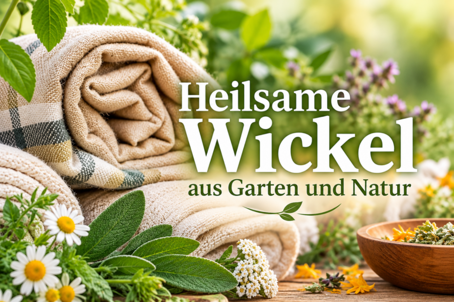 Gerollte Wolltücher, Heilpflanzen und Kräuter auf einem Holztisch im Garten; darüber der Schriftzug „Heilsame Wickel – aus Garten und Natur“