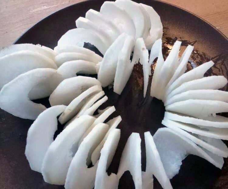 Weiße Rettichspiralen auf einem dunklen Teller