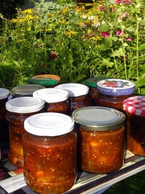 Mehrere Gläser selbstgemachtes Grüne-Tomaten-Chutney stehen im Garten in der Sonne. Foto by Johann Seidl, Gartenpoet